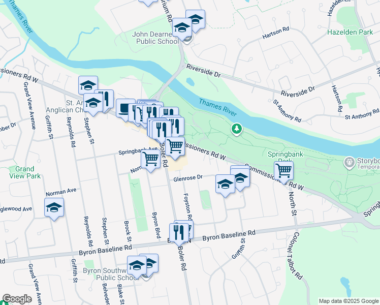 map of restaurants, bars, coffee shops, grocery stores, and more near 1224 Commissioners Road West in London