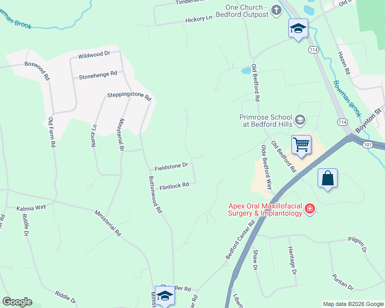 map of restaurants, bars, coffee shops, grocery stores, and more near 21 Arrowhead Drive in Bedford