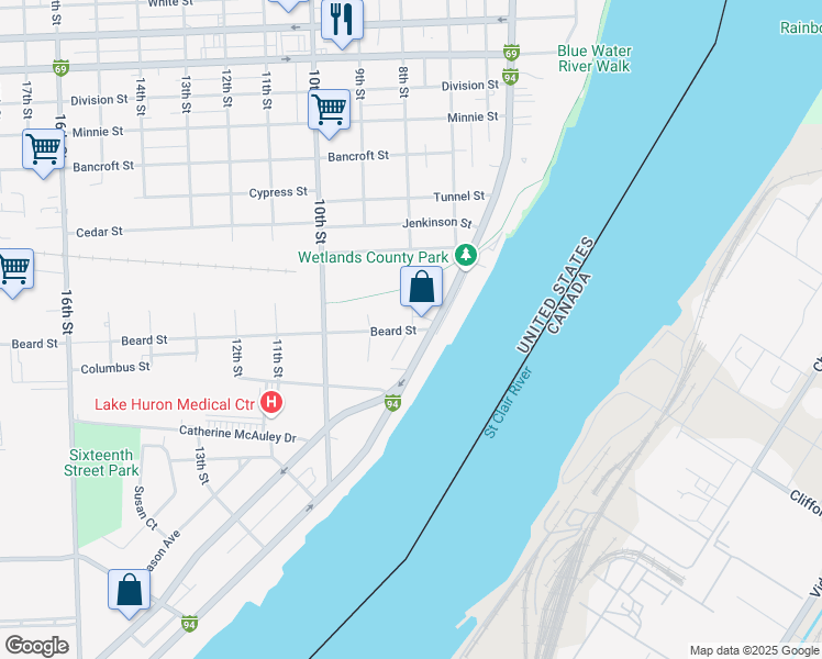 map of restaurants, bars, coffee shops, grocery stores, and more near 805 Beard Street in Port Huron