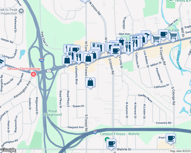 map of restaurants, bars, coffee shops, grocery stores, and more near 75 Linwood Avenue in Williamsville