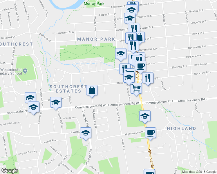 map of restaurants, bars, coffee shops, grocery stores, and more near 73 Base Line Road West in London