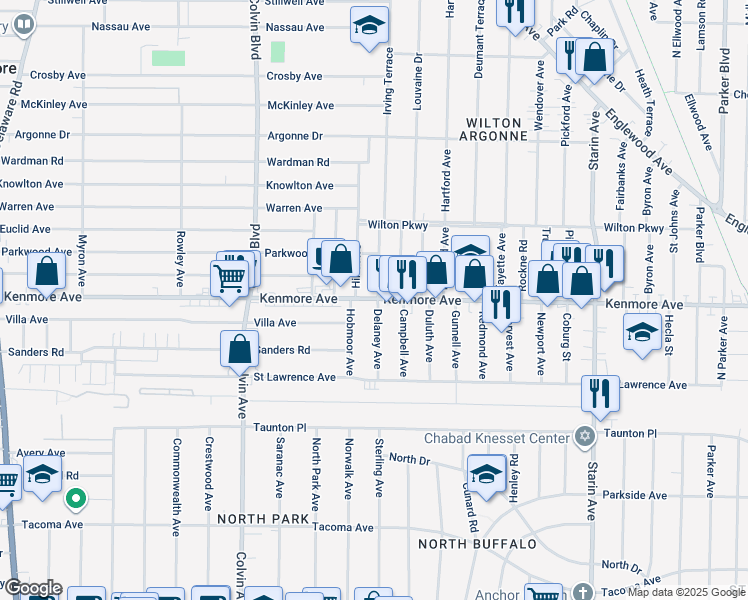 map of restaurants, bars, coffee shops, grocery stores, and more near 964 Kenmore Avenue in Buffalo