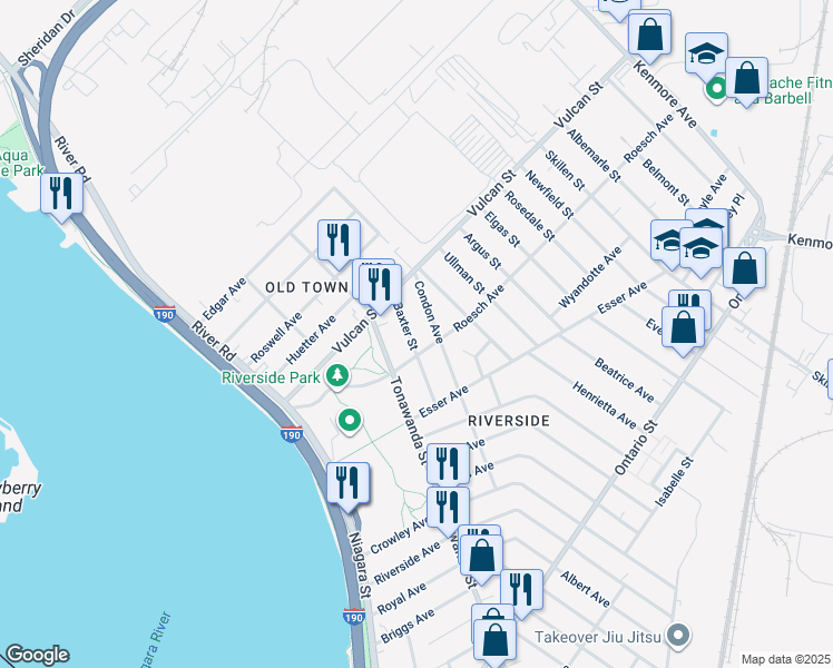 map of restaurants, bars, coffee shops, grocery stores, and more near 78 Baxter Street in Buffalo