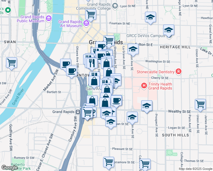 map of restaurants, bars, coffee shops, grocery stores, and more near 235 Division Avenue South in Grand Rapids