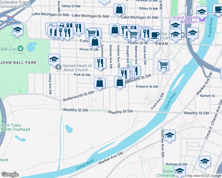 map of restaurants, bars, coffee shops, grocery stores, and more near 908 Butterworth Street Southwest in Grand Rapids