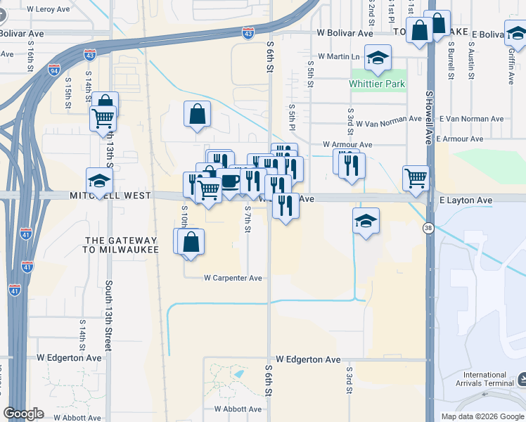 map of restaurants, bars, coffee shops, grocery stores, and more near 4725 South 6th Street in Milwaukee