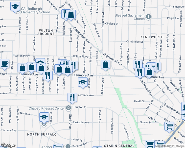 map of restaurants, bars, coffee shops, grocery stores, and more near 593 Kenmore Avenue in Buffalo