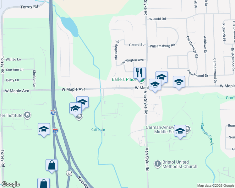map of restaurants, bars, coffee shops, grocery stores, and more near 2113 West Maple Avenue in Flint