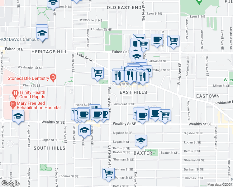 map of restaurants, bars, coffee shops, grocery stores, and more near 220 Wellington Avenue Southeast in Grand Rapids