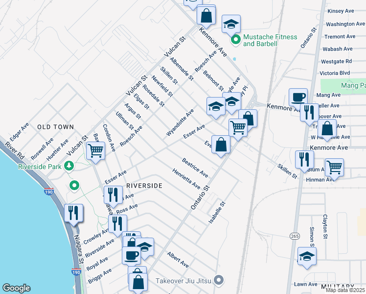 map of restaurants, bars, coffee shops, grocery stores, and more near 15 Philadelphia St in Buffalo