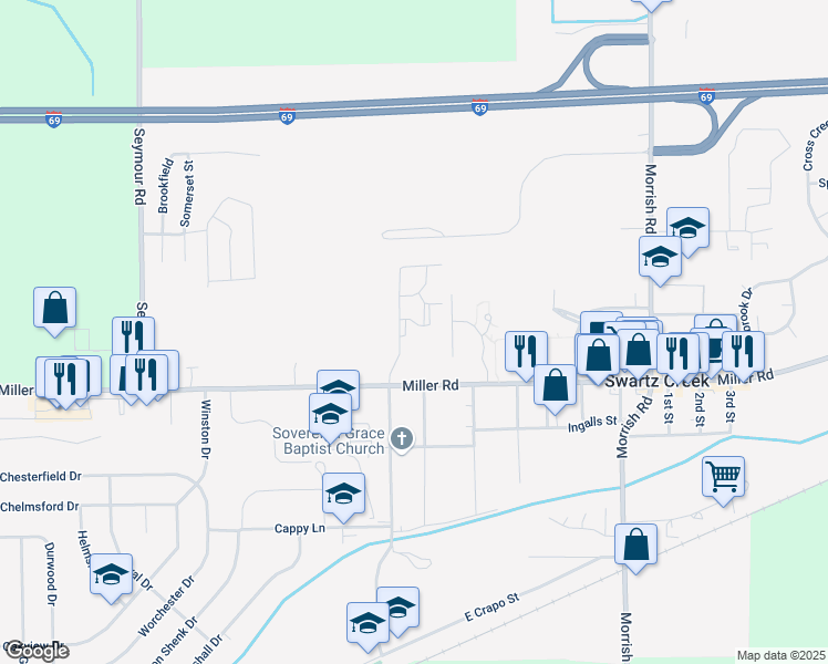 map of restaurants, bars, coffee shops, grocery stores, and more near 8250 Miller Road in Swartz Creek