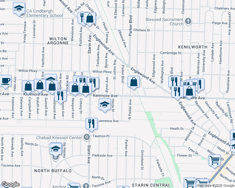 map of restaurants, bars, coffee shops, grocery stores, and more near 601 Kenmore Avenue in Buffalo