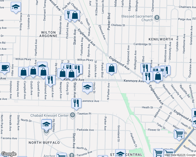 map of restaurants, bars, coffee shops, grocery stores, and more near 597 Kenmore Avenue in Buffalo