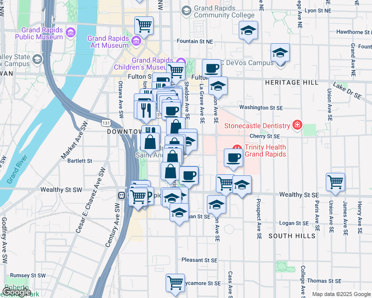 map of restaurants, bars, coffee shops, grocery stores, and more near 265 Sheldon Boulevard Southeast in Grand Rapids