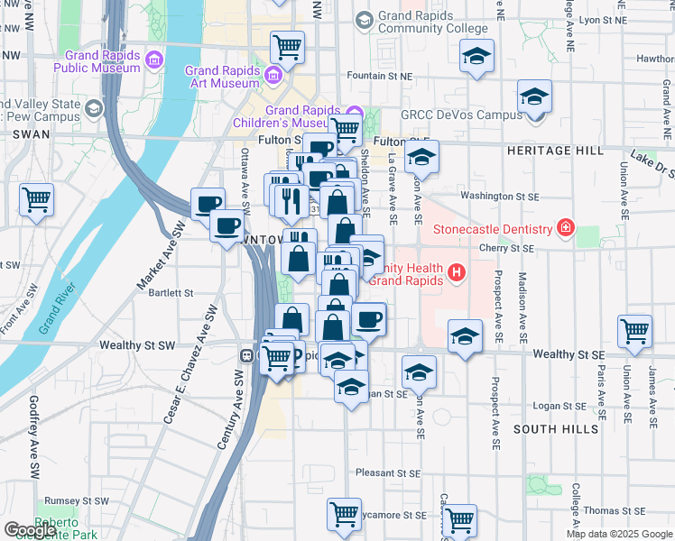 map of restaurants, bars, coffee shops, grocery stores, and more near 235 Division Avenue South in Grand Rapids