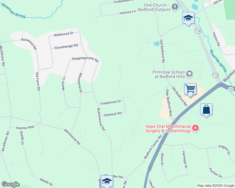 map of restaurants, bars, coffee shops, grocery stores, and more near 21 Arrowhead Drive in Bedford