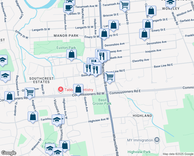 map of restaurants, bars, coffee shops, grocery stores, and more near 25 Base Line Road West in London