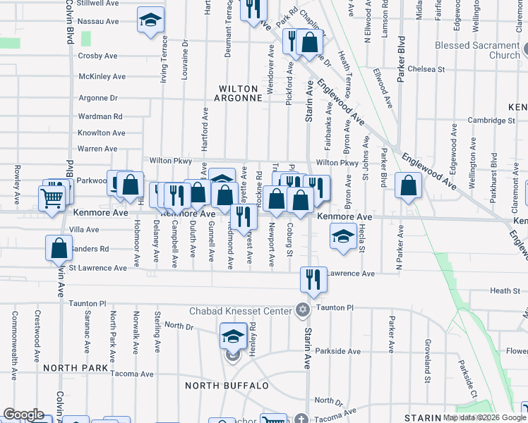 map of restaurants, bars, coffee shops, grocery stores, and more near 771 Kenmore Avenue in Buffalo
