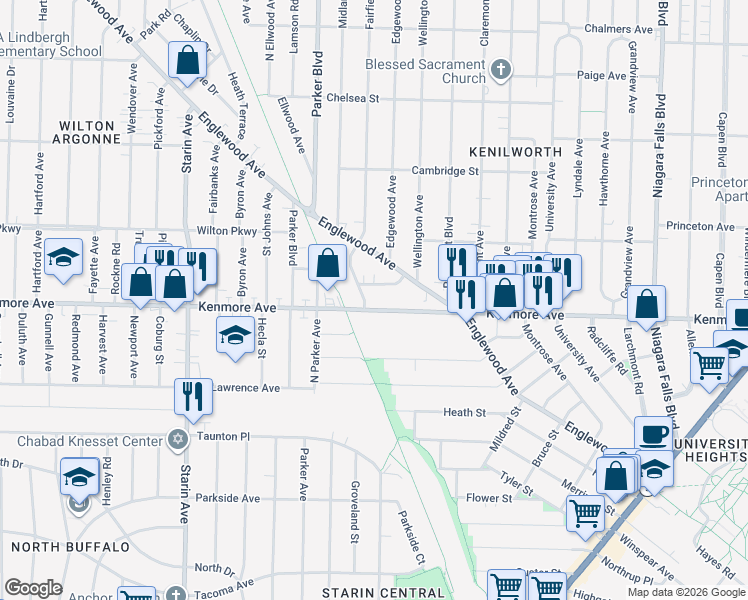map of restaurants, bars, coffee shops, grocery stores, and more near 487 Kenmore Avenue in Buffalo