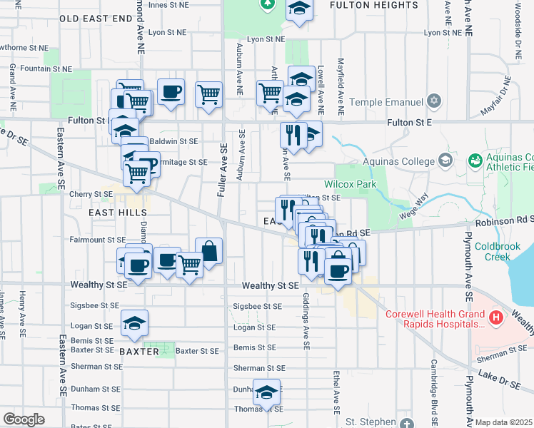 map of restaurants, bars, coffee shops, grocery stores, and more near 1314 Hurd Street Southeast in Grand Rapids