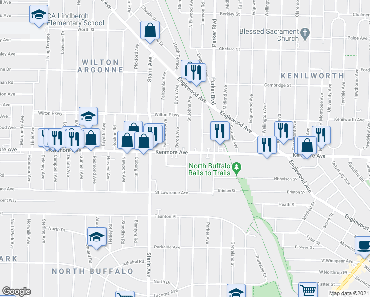 map of restaurants, bars, coffee shops, grocery stores, and more near in Buffalo
