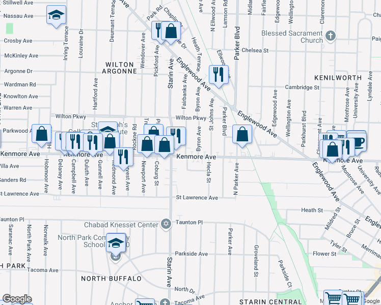 map of restaurants, bars, coffee shops, grocery stores, and more near in Buffalo