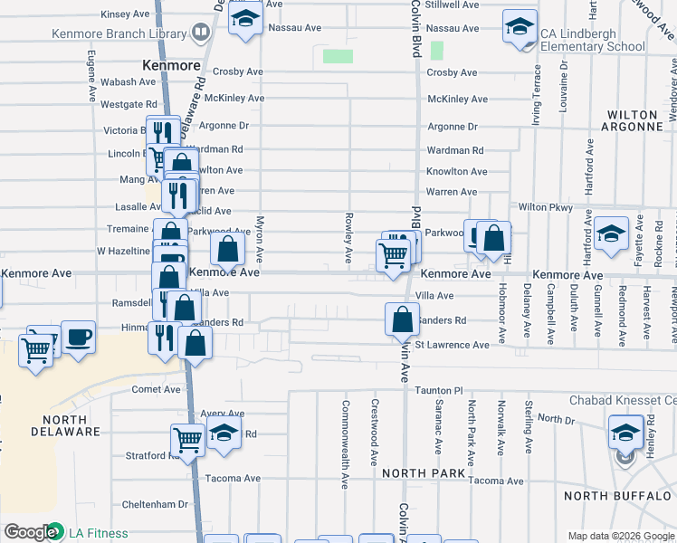 map of restaurants, bars, coffee shops, grocery stores, and more near 1200 Kenmore Avenue in Buffalo