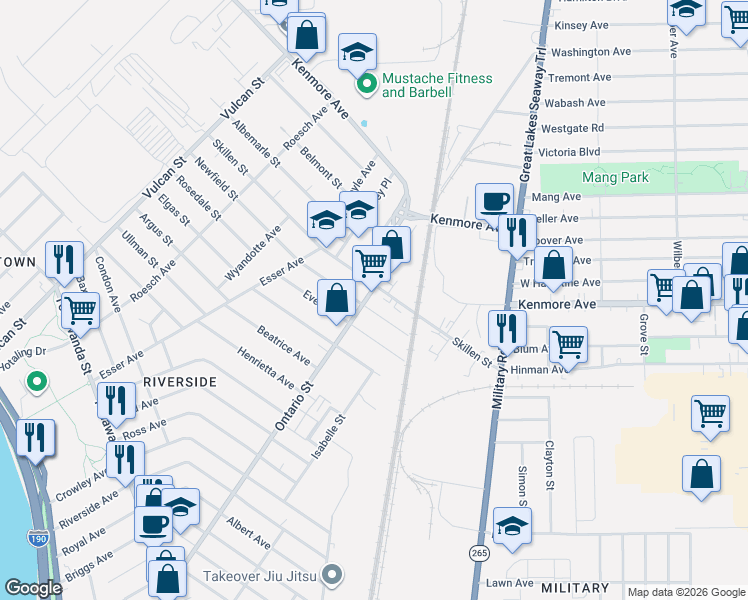 map of restaurants, bars, coffee shops, grocery stores, and more near 557 Ontario Street in Buffalo