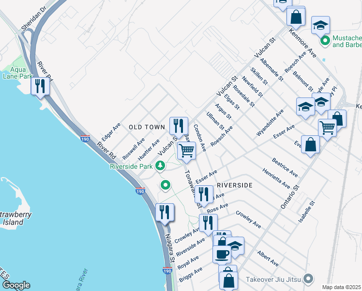 map of restaurants, bars, coffee shops, grocery stores, and more near 78 Baxter Street in Buffalo