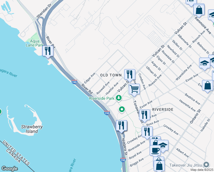 map of restaurants, bars, coffee shops, grocery stores, and more near 47 Roswell Avenue in Buffalo