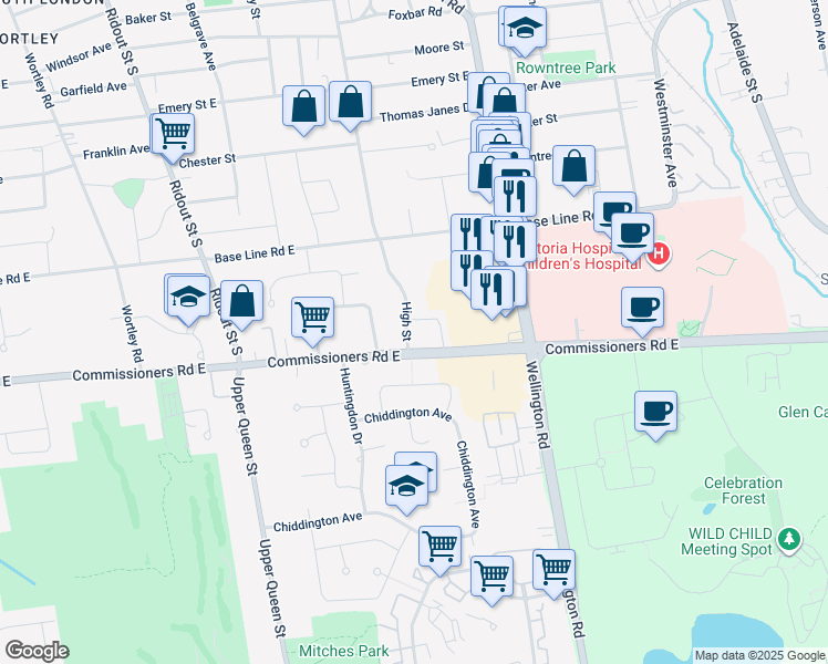 map of restaurants, bars, coffee shops, grocery stores, and more near 35 Adare Crescent in London