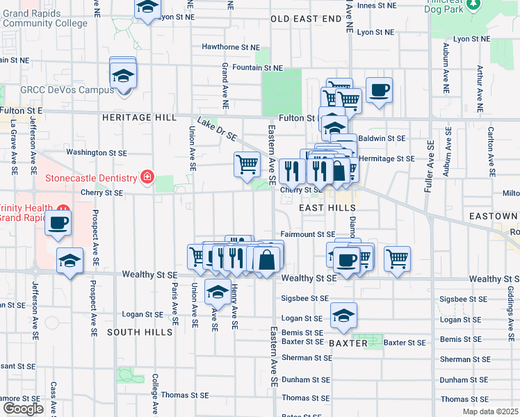map of restaurants, bars, coffee shops, grocery stores, and more near 234 Charles Avenue Southeast in Grand Rapids