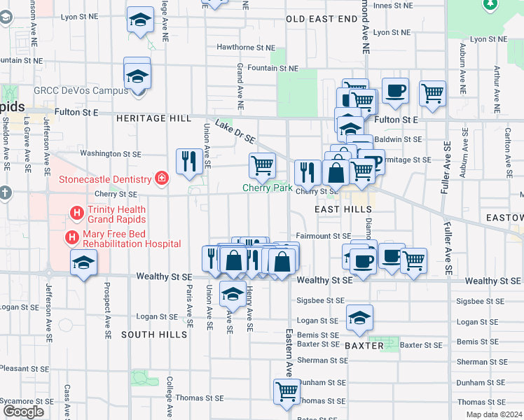 map of restaurants, bars, coffee shops, grocery stores, and more near 236 Henry Avenue Southeast in Grand Rapids