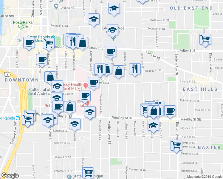 map of restaurants, bars, coffee shops, grocery stores, and more near 228 Madison Avenue Southeast in Grand Rapids