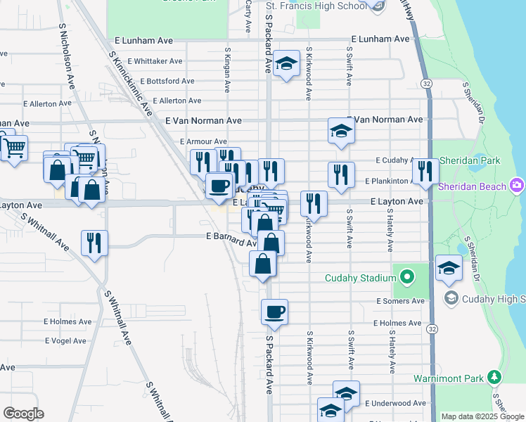 map of restaurants, bars, coffee shops, grocery stores, and more near 3556 East Squire Avenue in Cudahy