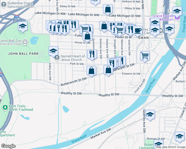 map of restaurants, bars, coffee shops, grocery stores, and more near 927 Butterworth Street Southwest in Grand Rapids