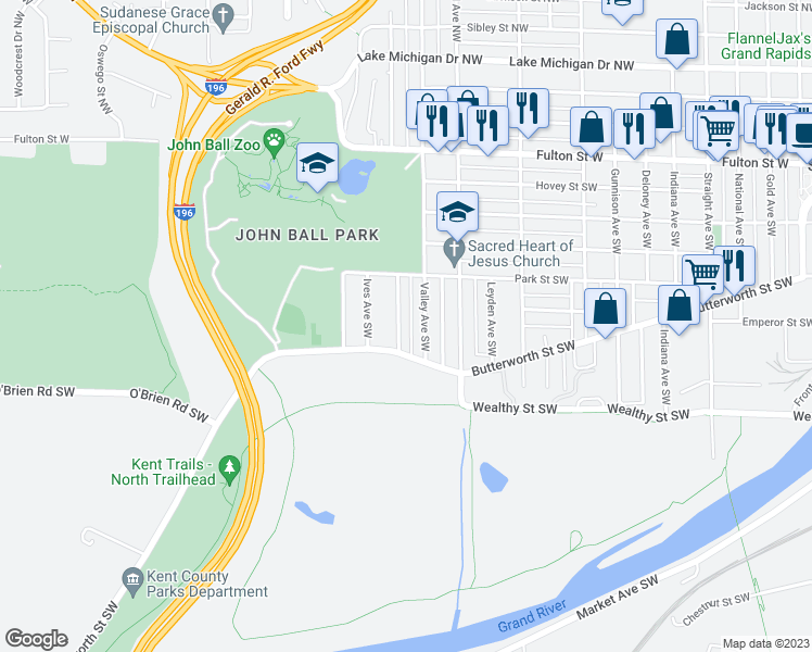 map of restaurants, bars, coffee shops, grocery stores, and more near 258 Richards Avenue Southwest in Grand Rapids