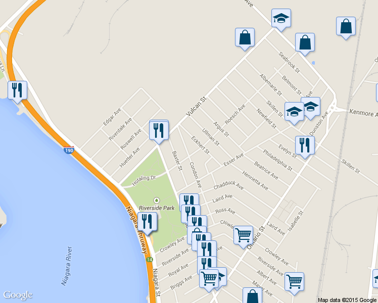 map of restaurants, bars, coffee shops, grocery stores, and more near 96 Roesch Avenue in Buffalo