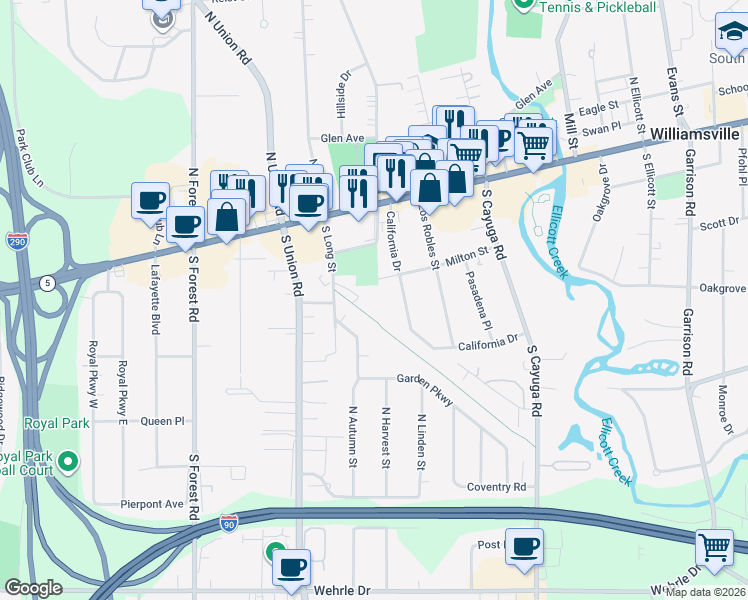 map of restaurants, bars, coffee shops, grocery stores, and more near 121 California Drive in Buffalo