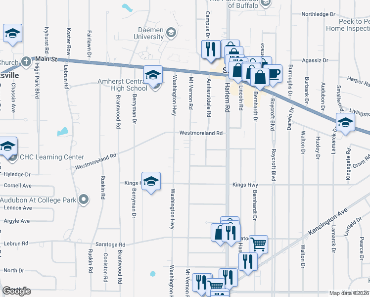 map of restaurants, bars, coffee shops, grocery stores, and more near 183 Mount Vernon Road in Buffalo