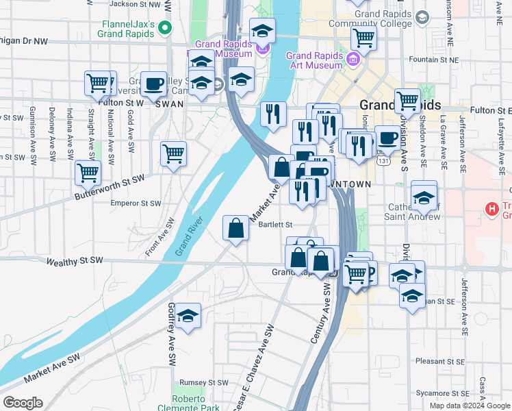 map of restaurants, bars, coffee shops, grocery stores, and more near 233 Market Avenue Southwest in Grand Rapids