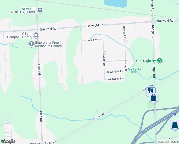 map of restaurants, bars, coffee shops, grocery stores, and more near 1760 Leland Road in Smiths Creek
