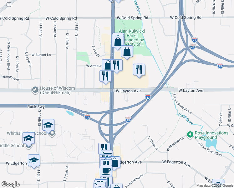 map of restaurants, bars, coffee shops, grocery stores, and more near 4750 South 108th Street in Greenfield