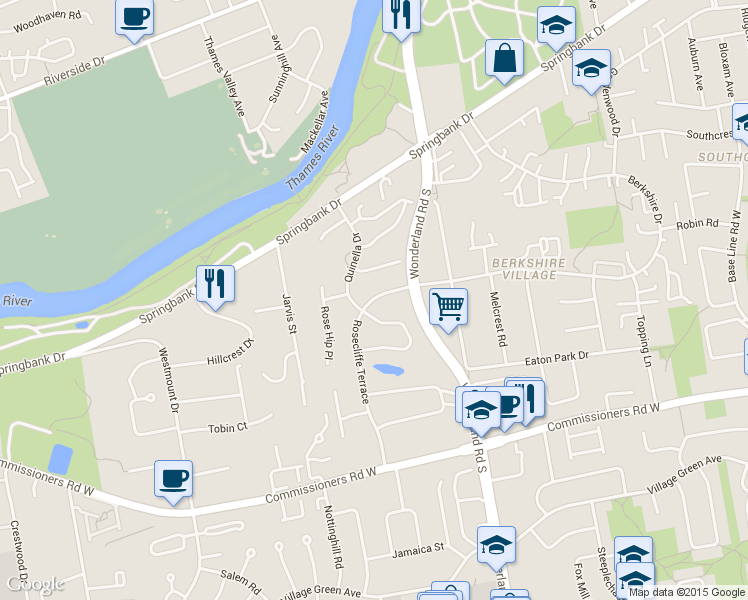 map of restaurants, bars, coffee shops, grocery stores, and more near 532 Rosecliffe Terrace in London