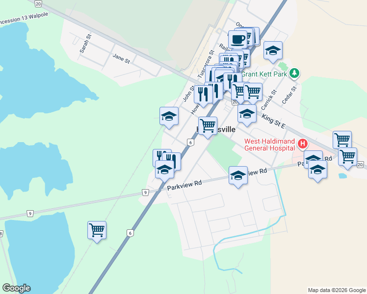 map of restaurants, bars, coffee shops, grocery stores, and more near 62 Main Street South in Hagersville
