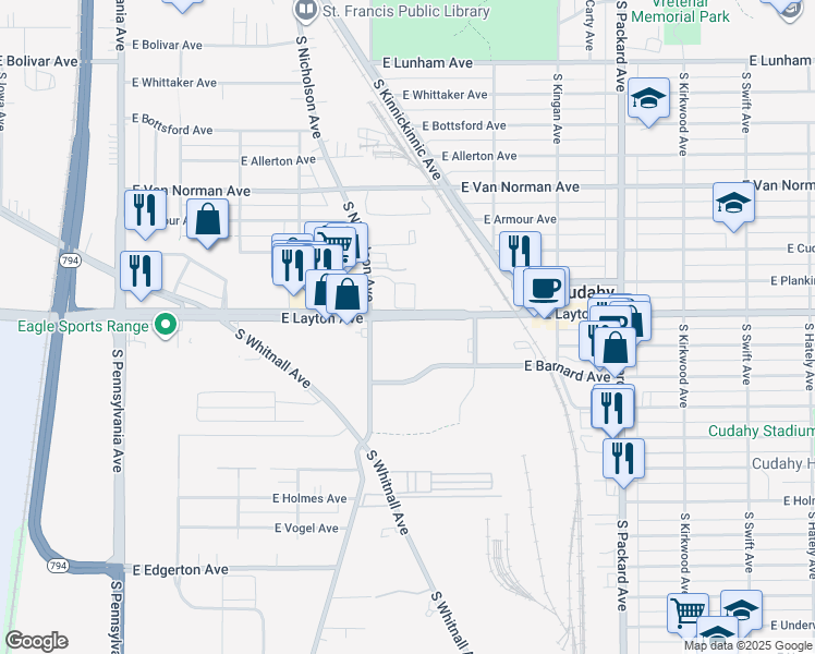 map of restaurants, bars, coffee shops, grocery stores, and more near 3233-3241 East Layton Avenue in Cudahy