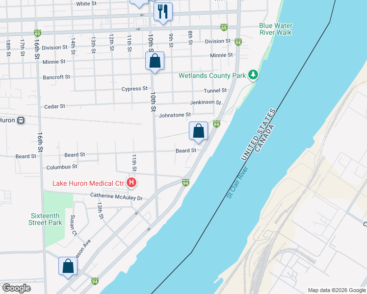 map of restaurants, bars, coffee shops, grocery stores, and more near 815 Beard Street in Port Huron