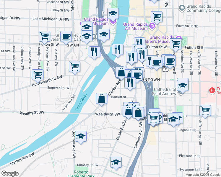 map of restaurants, bars, coffee shops, grocery stores, and more near 233 Market Avenue Southwest in Grand Rapids