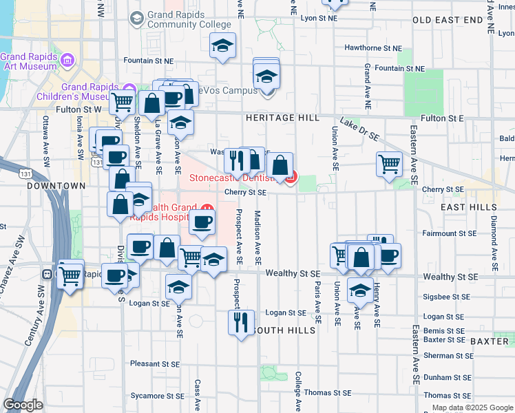 map of restaurants, bars, coffee shops, grocery stores, and more near 218 Madison Avenue Southeast in Grand Rapids