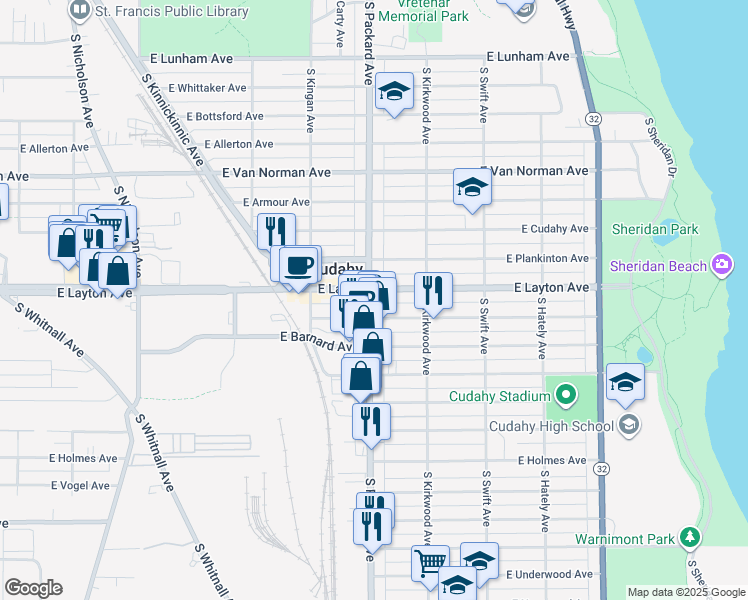 map of restaurants, bars, coffee shops, grocery stores, and more near 3618 East Squire Avenue in Cudahy